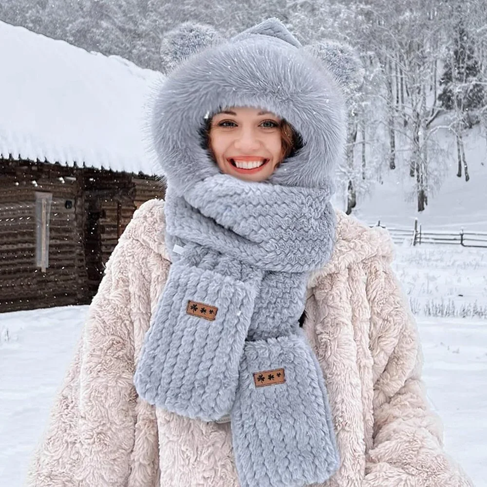 Women's Gray Hooded Scarf Cute Bear Ear Hat Faux Fur Gloves Set Soft